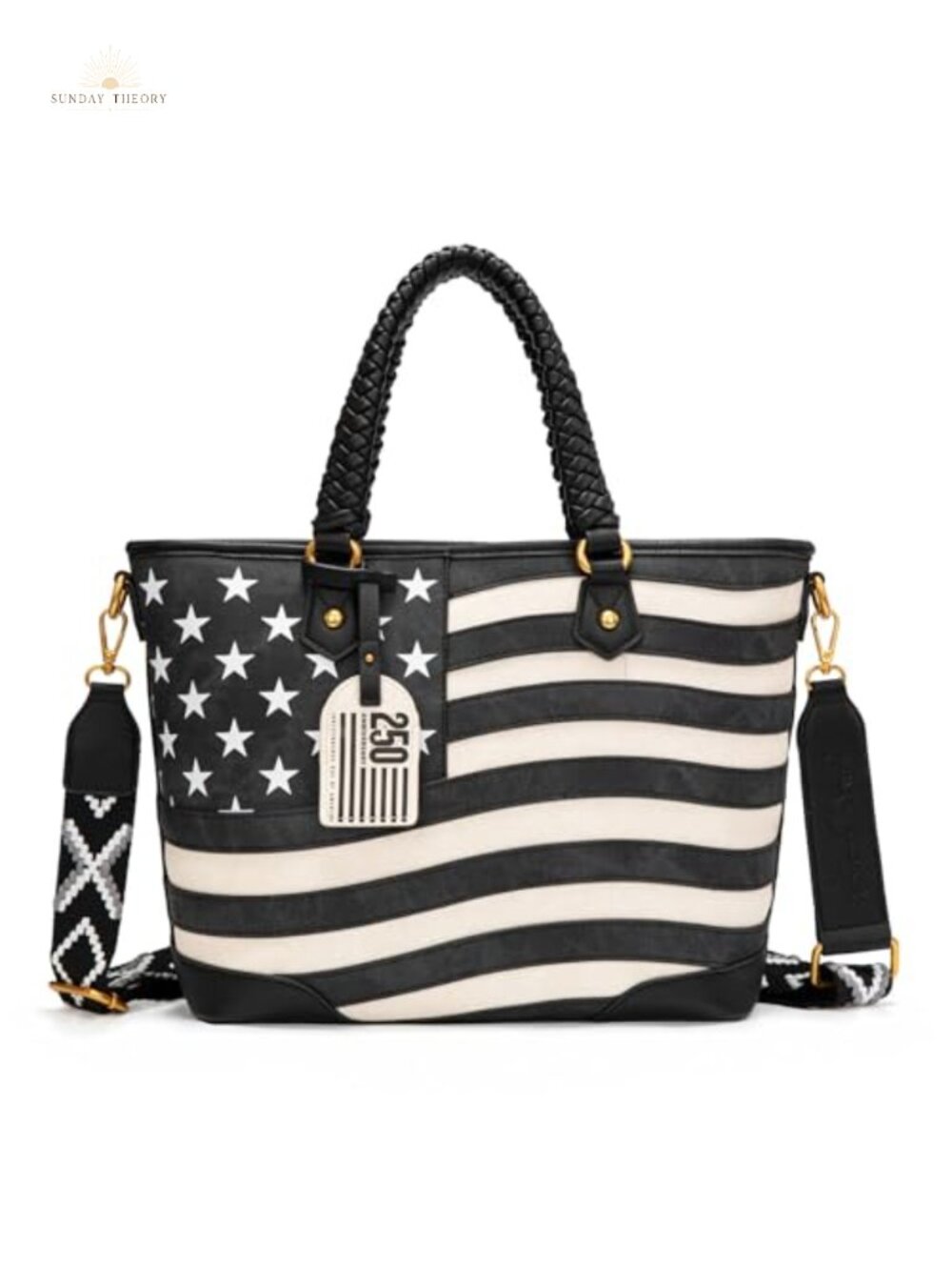 Distressed American Flag Tote Bag Faux Leather Braided Handles Western Purse